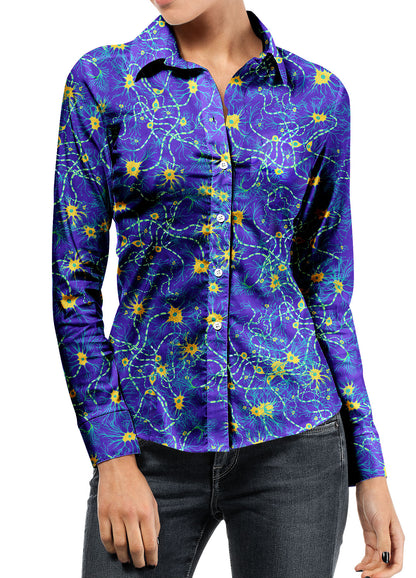 Blue neurons satin long sleeve shirt